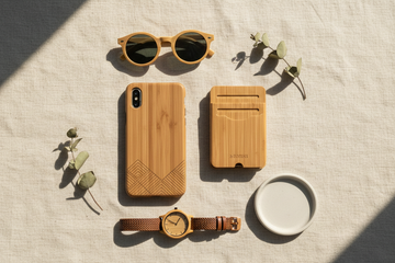 Bambus accessories i naturlige materialer, minimalistisk flat lay på sand underlag, varmt lys fra venstre – Accessories | BIBAMBUS
