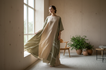 Bambustøj til kvinder i bløde naturfarver, elegant flat lay på lyst linned underlag, varmt naturlys fra venstre – Bambustøj til kvinder | BIBAMBUS