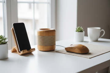 Bambus elektronik og gadgets i naturligt bambus stel, moderne teknologi med varmt naturligt design på mørkt underlag – Elektronik | BIBAMBUS