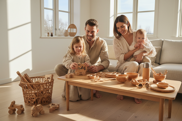 Bambus produkter til hele familien, varmt lifestyle flat lay med naturlige materialer på lyst underlag – Familien først | BIBAMBUS