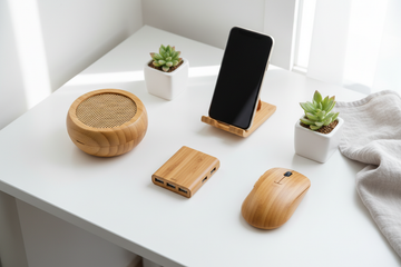 Bambus gadgets og elektronik, naturligt bambus stel med moderne teknologi, flat lay på mørkt underlag – Gadgets & Elektronik | BIBAMBUS