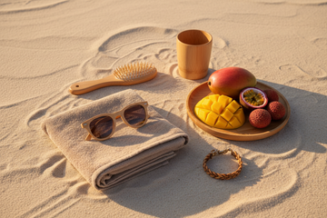 Bambus strandudstyr og sommertilbehør i naturlige materialer, solbriller og håndklæder flat lay på sand underlag – Sommer i Bambus – Til Stranden | BIBAMBUS