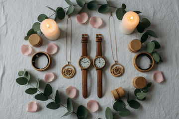 Bambus gaver og accessories til par, romantisk flat lay med naturlige materialer på varmt linned underlag – Lovers | BIBAMBUS