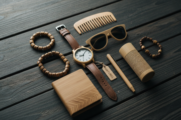 Bambus accessories og mode til mænd, maskulin flat lay i mørke naturfarver på linned underlag, varmt lys – Mr. Bamboo | BIBAMBUS