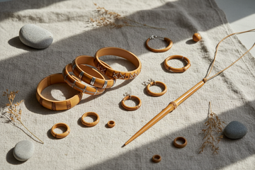 Bambus smykker og armbånd i naturlige materialer, elegant flat lay på lyst linned underlag, varmt naturlys – Smykker | BIBAMBUS