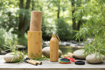 Bambus sportsprodukter i naturlige materialer, aktiv lifestyle flat lay på lyst underlag, varmt naturlys – Sport | BIBAMBUS