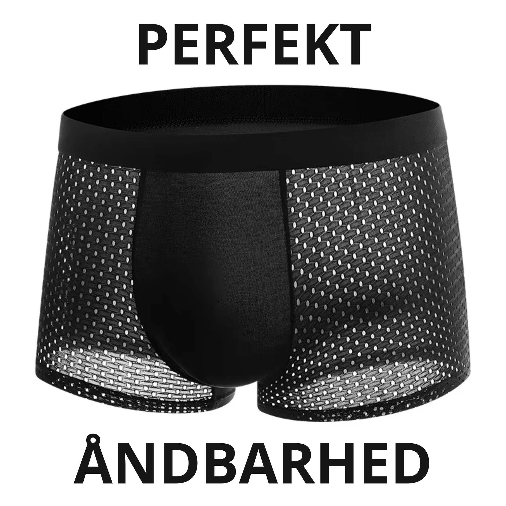 Sorte bambus boksershorts forfra med åbent mesh-mønster og teksten "PERFEKT ÅNDBARHED" – temperaturregulerende og svedtransporterende herreundertøj i bambusviskose – Bambus Underbukser | BIBAMBUS 'My Private Bamboos'