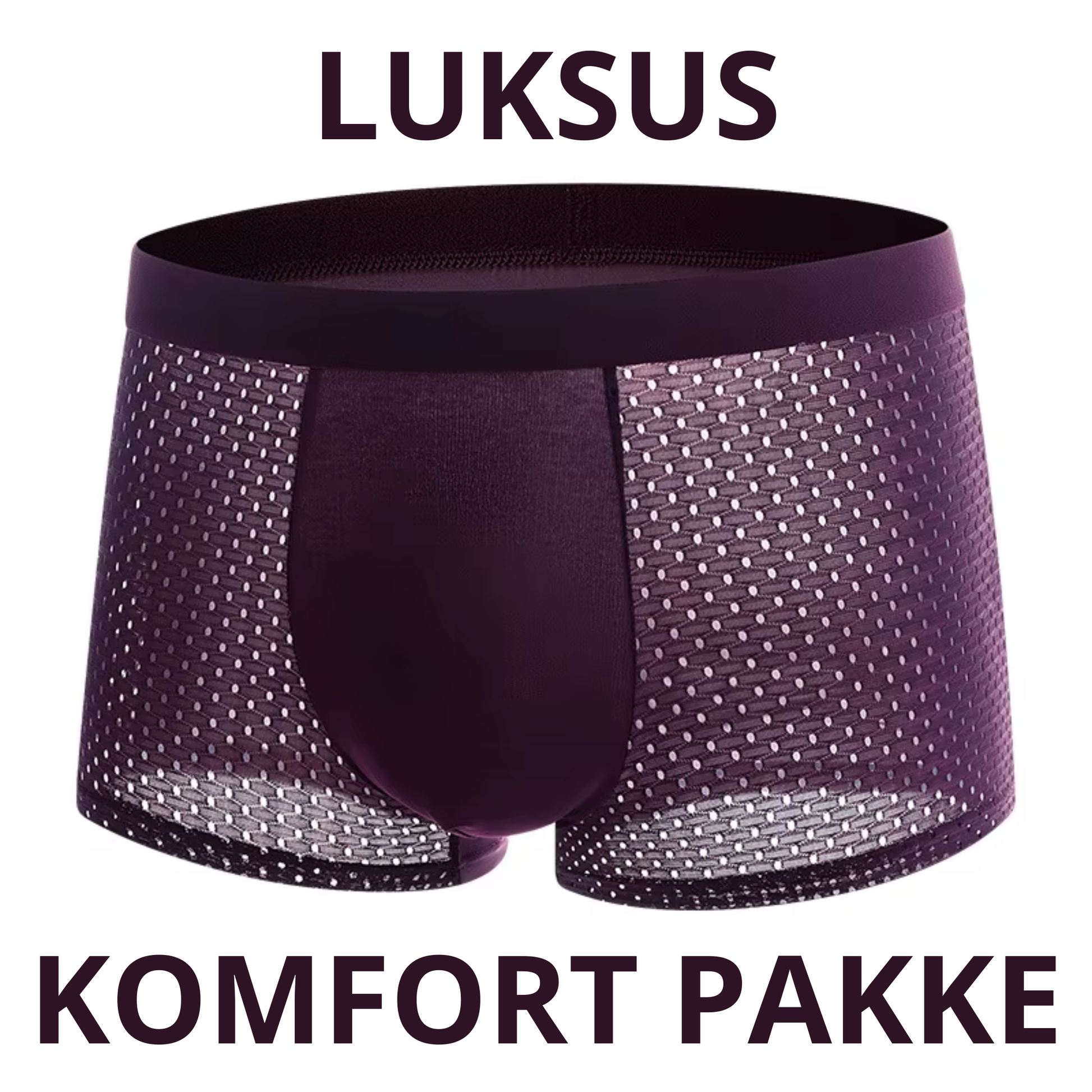Mørkelilla bambus boksershorts forfra med åbent mesh-mønster og teksten "LUKSUS KOMFORT PAKKE" – premium herreundertøj i blød og åndbar bambusviskose – Bambus Underbukser | BIBAMBUS 'My Private Bamboos'