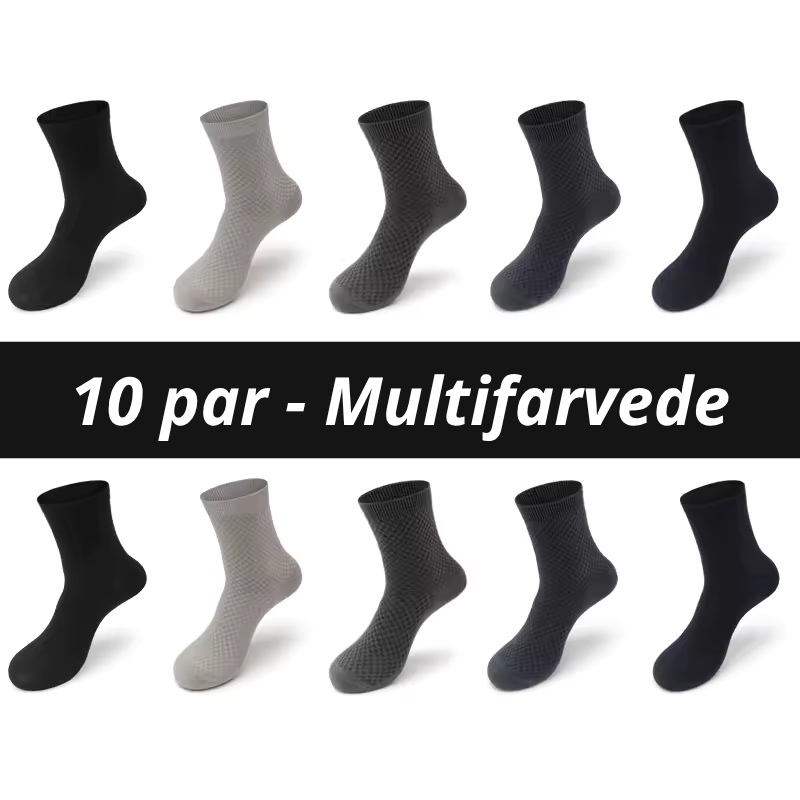 Ti bambusstrømper arrangeret i to rækker af fem i farverne sort, lysegrå, mørkegrå, blågrå og sort med teksten "10 par - Multifarvede" på sort banner – klassisk farveblanding til hverdagsbrug i åndbare herrestrømper i bambusviskose str. 38-45 – Bambusstrømper til mænd | BIBAMBUS 'The Bamboo Gentleman'