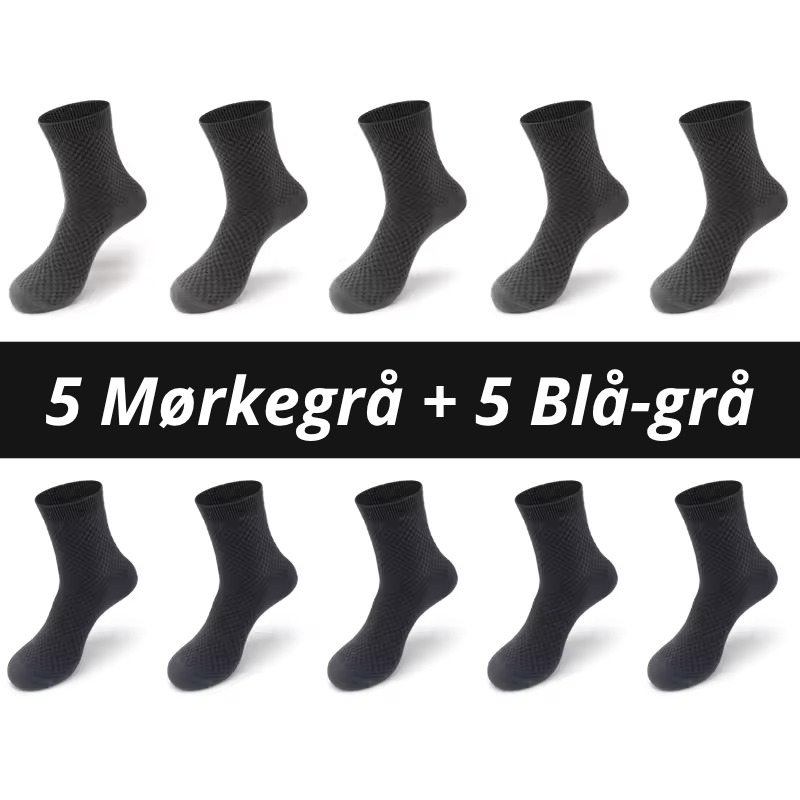 Ti bambusstrømper arrangeret i to rækker af fem med teksten "5 Mørkegrå + 5 Blå-grå" på sort banner – kombinationspakke med ternet rillestruktur på skaft og glat hælparti – åndbare herrestrømper i bambusviskose str. 38-45 – Bambusstrømper til mænd | BIBAMBUS 'The Bamboo Gentleman'