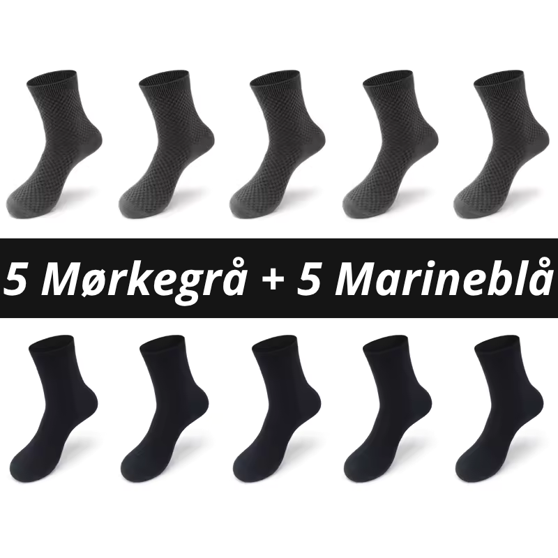 Ti bambusstrømper arrangeret i to rækker af fem med teksten "5 Mørkegrå + 5 Marineblå" på sort banner – kombinationspakke med ternet rillestruktur på mørkegrå skaft og glat overflade på marineblå – åndbare herrestrømper i bambusviskose str. 38-45 – Bambusstrømper til mænd | BIBAMBUS 'The Bamboo Gentleman'