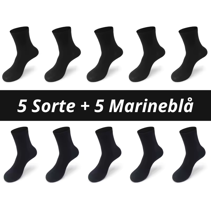 Ti bambusstrømper arrangeret i to rækker af fem med teksten "5 Sorte + 5 Marineblå" på sort banner – kombinationspakke i klassiske mørke farver med glat overflade og anatomisk pasform – åndbare herrestrømper i bambusviskose str. 38-45 – Bambusstrømper til mænd | BIBAMBUS 'The Bamboo Gentleman'
