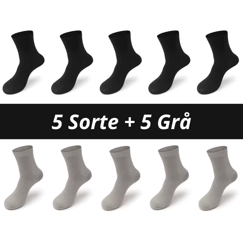 Ti bambusstrømper arrangeret i to rækker af fem med teksten "5 Sorte + 5 Grå" på sort banner – kombinationspakke med glatte sorte strømper øverst og lysegrå med subtil ternet rillestruktur nederst – åndbare herrestrømper i bambusviskose str. 38-45 – Bambusstrømper til mænd | BIBAMBUS 'The Bamboo Gentleman'