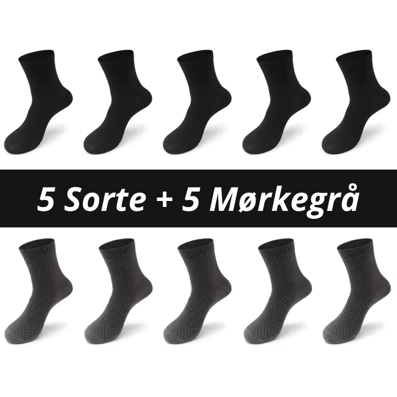 Ti bambusstrømper arrangeret i to rækker af fem med teksten "5 Sorte + 5 Mørkegrå" på sort banner – kombinationspakke med glatte sorte strømper øverst og mørkegrå med ternet rillestruktur nederst – åndbare herrestrømper i bambusviskose str. 38-45 – Bambusstrømper til mænd | BIBAMBUS 'The Bamboo Gentleman'