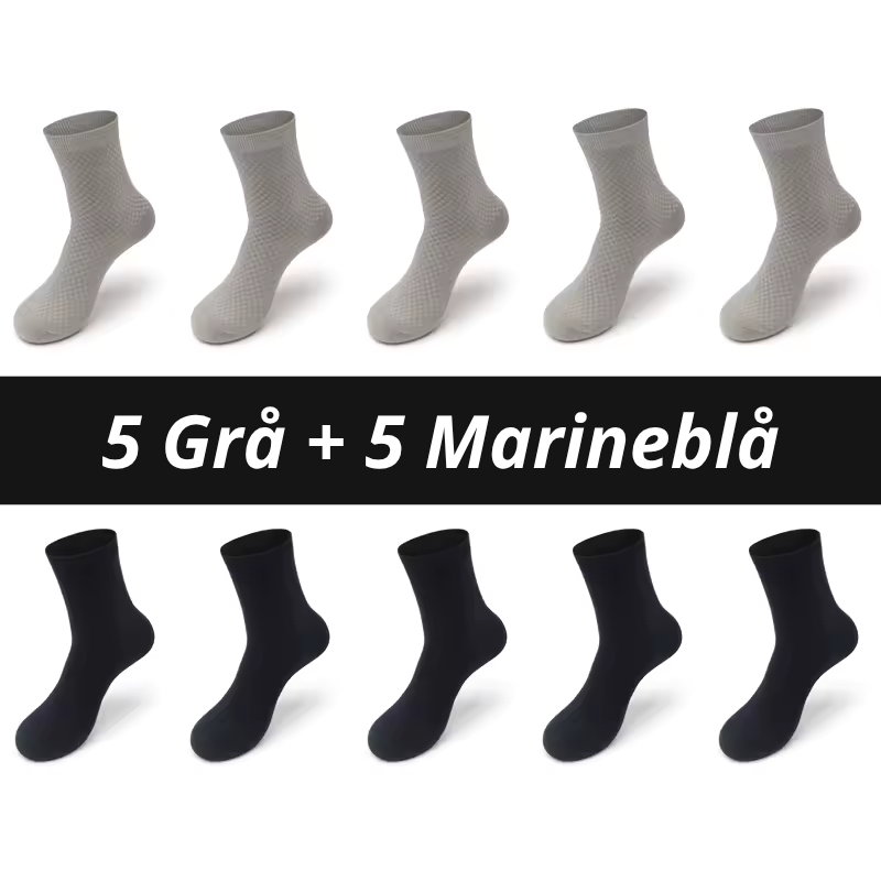 Ti bambusstrømper arrangeret i to rækker af fem med teksten "5 Grå + 5 Marineblå" på sort banner – kombinationspakke med lysegrå strømper med ternet rillestruktur øverst og glatte marineblå strømper nederst – åndbare herrestrømper i bambusviskose str. 38-45 – Bambusstrømper til mænd | BIBAMBUS 'The Bamboo Gentleman'