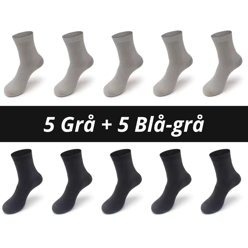 Ti bambusstrømper arrangeret i to rækker af fem med teksten "5 Grå + 5 Blå-grå" på sort banner – kombinationspakke med lysegrå strømper med ternet rillestruktur øverst og blågrå strømper med ribbet elastikkant nederst – åndbare herrestrømper i bambusviskose str. 38-45 – Bambusstrømper til mænd | BIBAMBUS 'The Bamboo Gentleman'