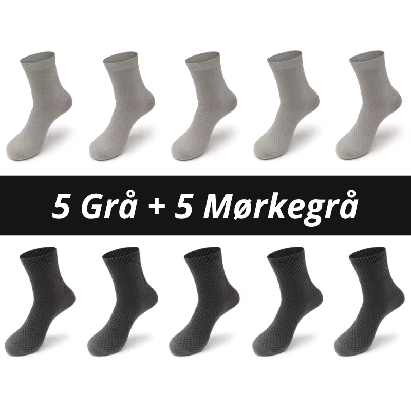 Ti bambusstrømper arrangeret i to rækker af fem med teksten "5 Grå + 5 Mørkegrå" på sort banner – kombinationspakke med lysegrå strømper med ternet rillestruktur øverst og mørkegrå strømper med karakteristisk ternet mønster nederst – åndbare herrestrømper i bambusviskose str. 38-45 – Bambusstrømper til mænd | BIBAMBUS 'The Bamboo Gentleman'
