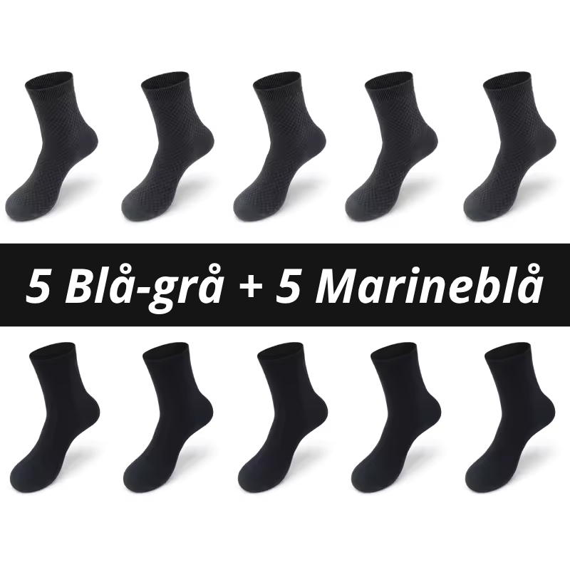 Ti bambusstrømper arrangeret i to rækker af fem med teksten "5 Blå-grå + 5 Marineblå" på sort banner – kombinationspakke med blågrå strømper med ternet rillestruktur øverst og glatte marineblå strømper nederst – åndbare herrestrømper i bambusviskose str. 38-45 – Bambusstrømper til mænd | BIBAMBUS 'The Bamboo Gentleman'