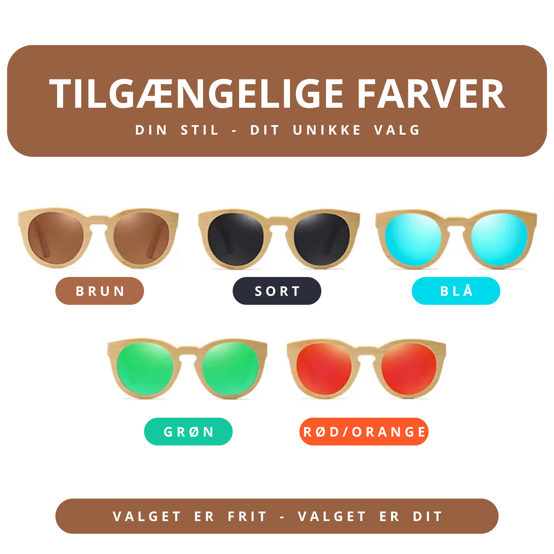 Farveoverview for runde bambus solbriller i 5 varianter – brun, sort, blå, grøn og rød/orange glas – alle med lyst naturligt bambus stel på hvid baggrund med teksten "TILGÆNGELIGE FARVER – DIN STIL – DIT UNIKKE VALG" – Bambus Solbriller | BIBAMBUS 'Round Me Up'