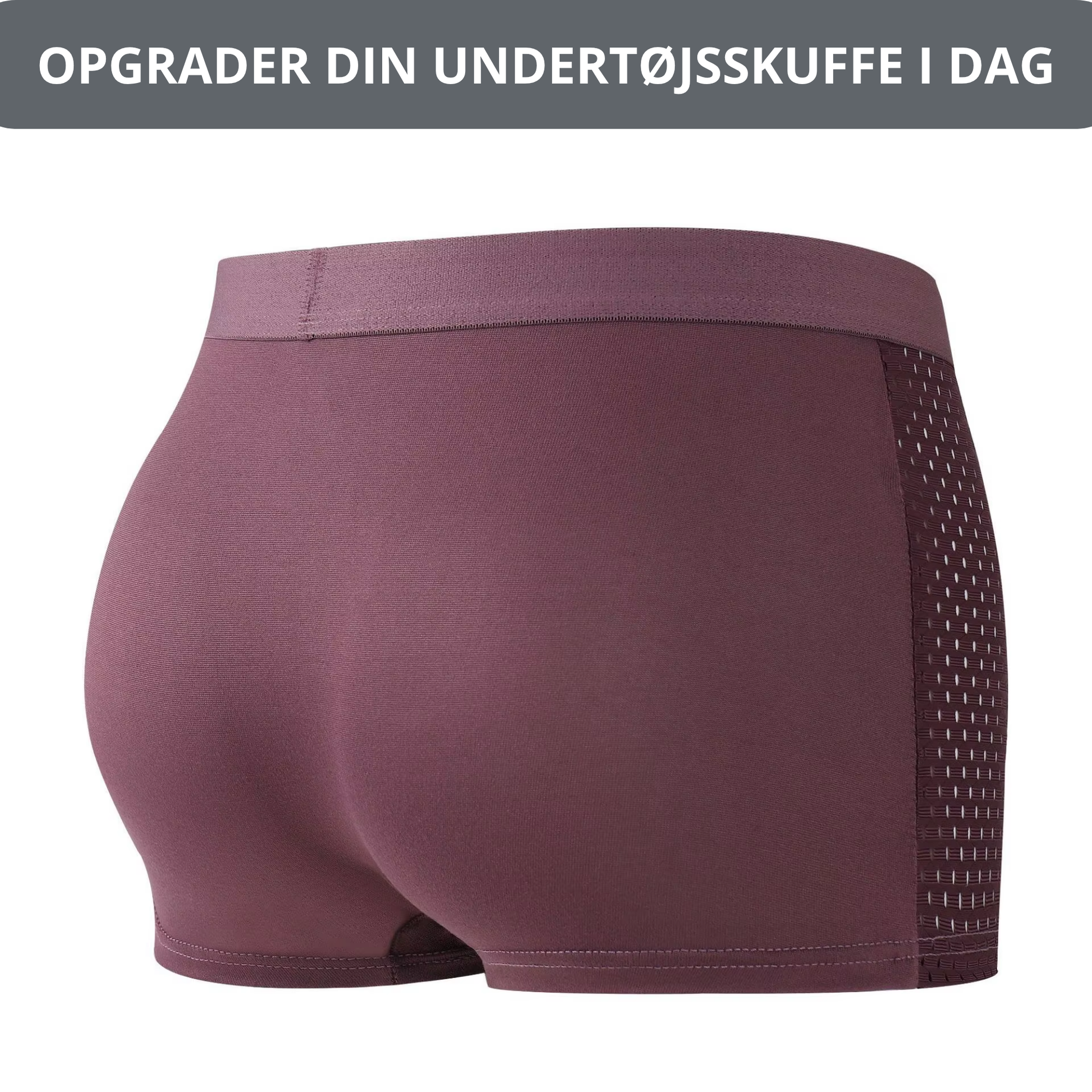 Bagside af vinrøde bambus boksershorts med glat stof og åbent mesh-panel på siden med teksten "OPGRADER DIN UNDERTØJSSKUFFE I DAG" – tætsiddende og åndbart herreundertøj i bambusviskose – Bambus Underbukser | BIBAMBUS 'My Private Bamboos'