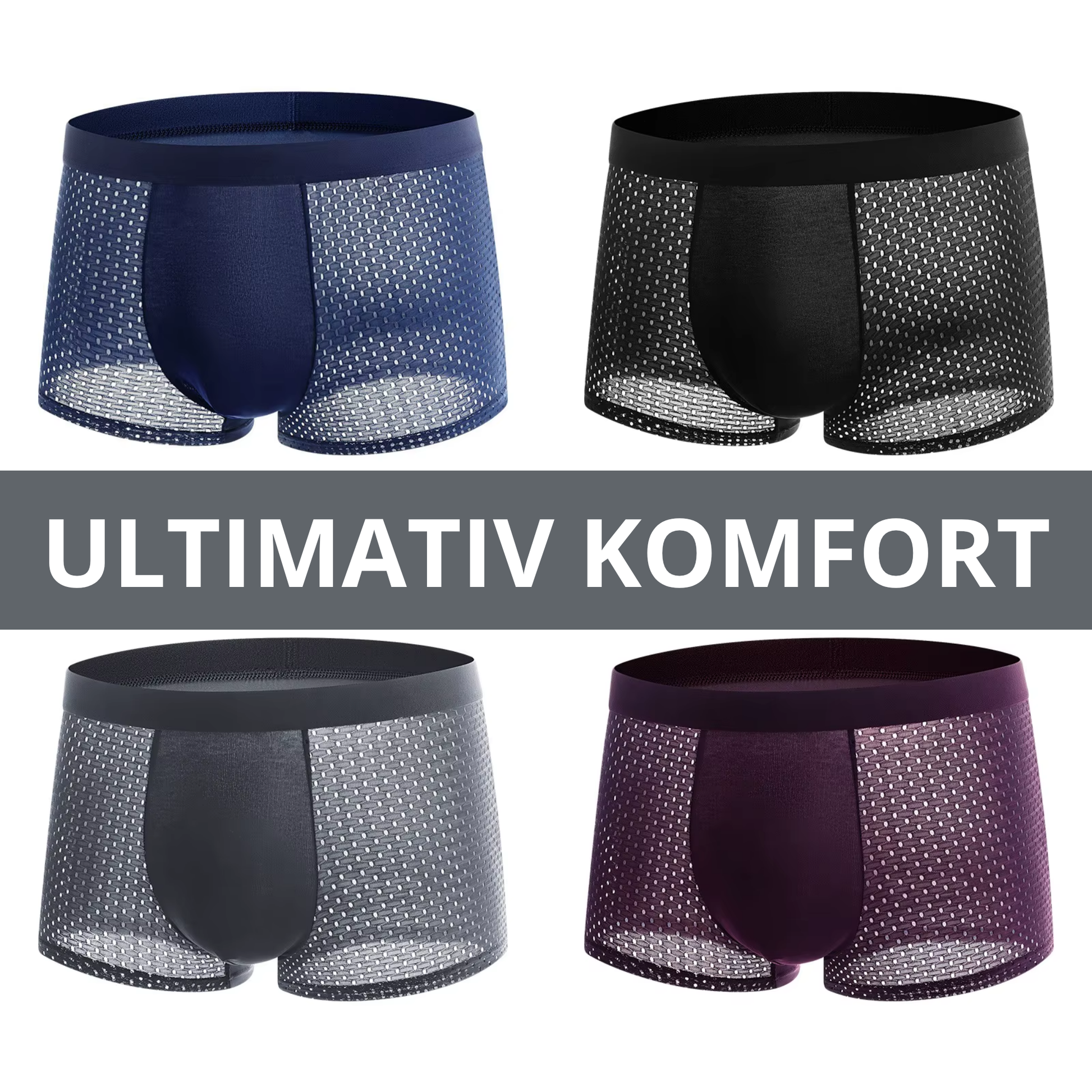 Fire bambus boksershorts vist forfra i blå, sort, grå og vinrød med åbent mesh-mønster og teksten "ULTIMATIV KOMFORT" – Bambus Underbukser | BIBAMBUS 'My Private Bamboos'