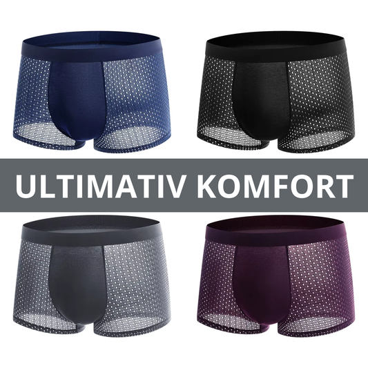 Fire bambus boksershorts vist forfra i blå, sort, grå og vinrød med åbent mesh-mønster og teksten "ULTIMATIV KOMFORT" – Bambus Underbukser | BIBAMBUS 'My Private Bamboos'