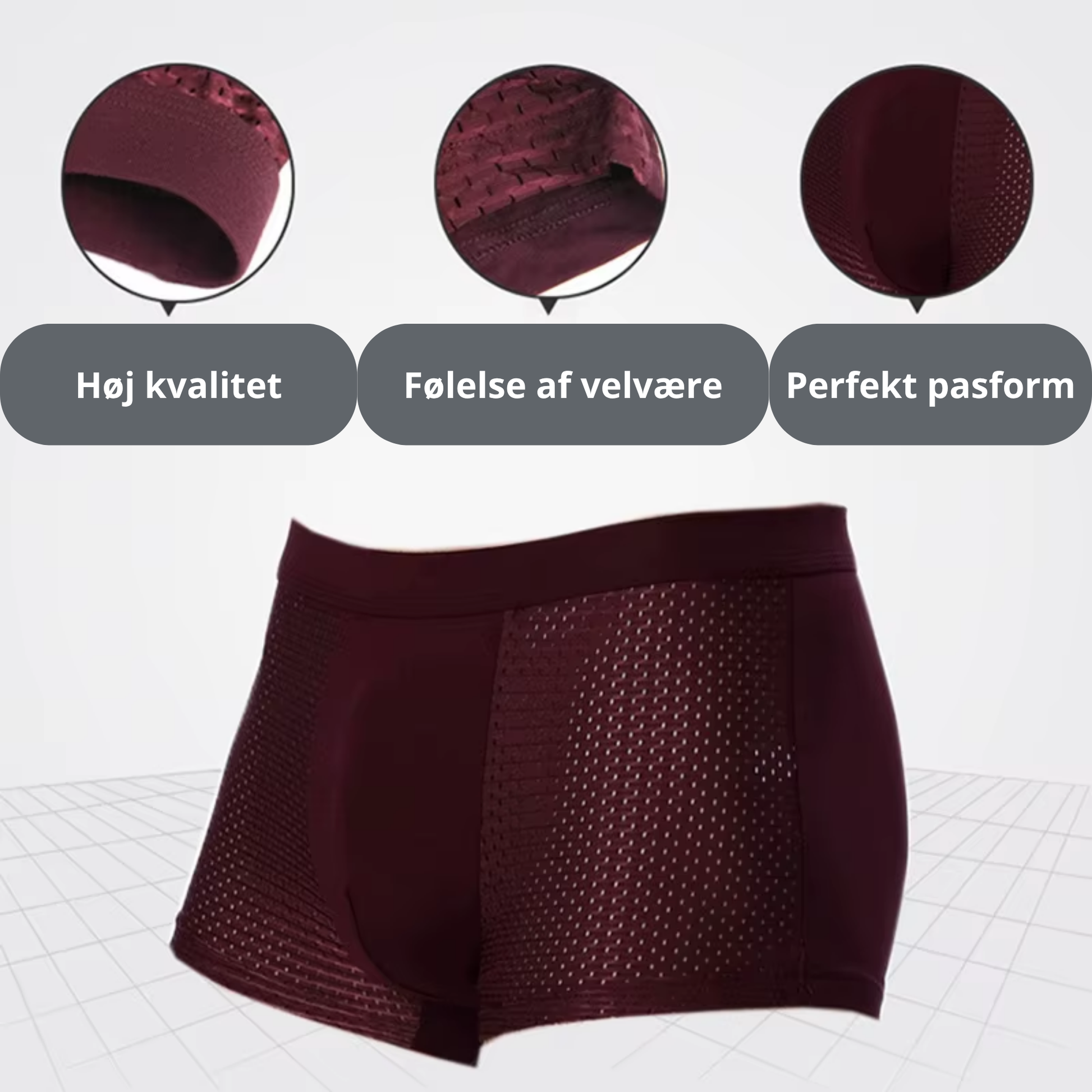 Vinrøde bambus boksershorts med nærbilleder af mesh-materialet og teksten "Høj kvalitet – Følelse af velvære – Perfekt pasform" – hudvenligt og åndbart herreundertøj i bambusviskose – Bambus Underbukser | BIBAMBUS 'My Private Bamboos'