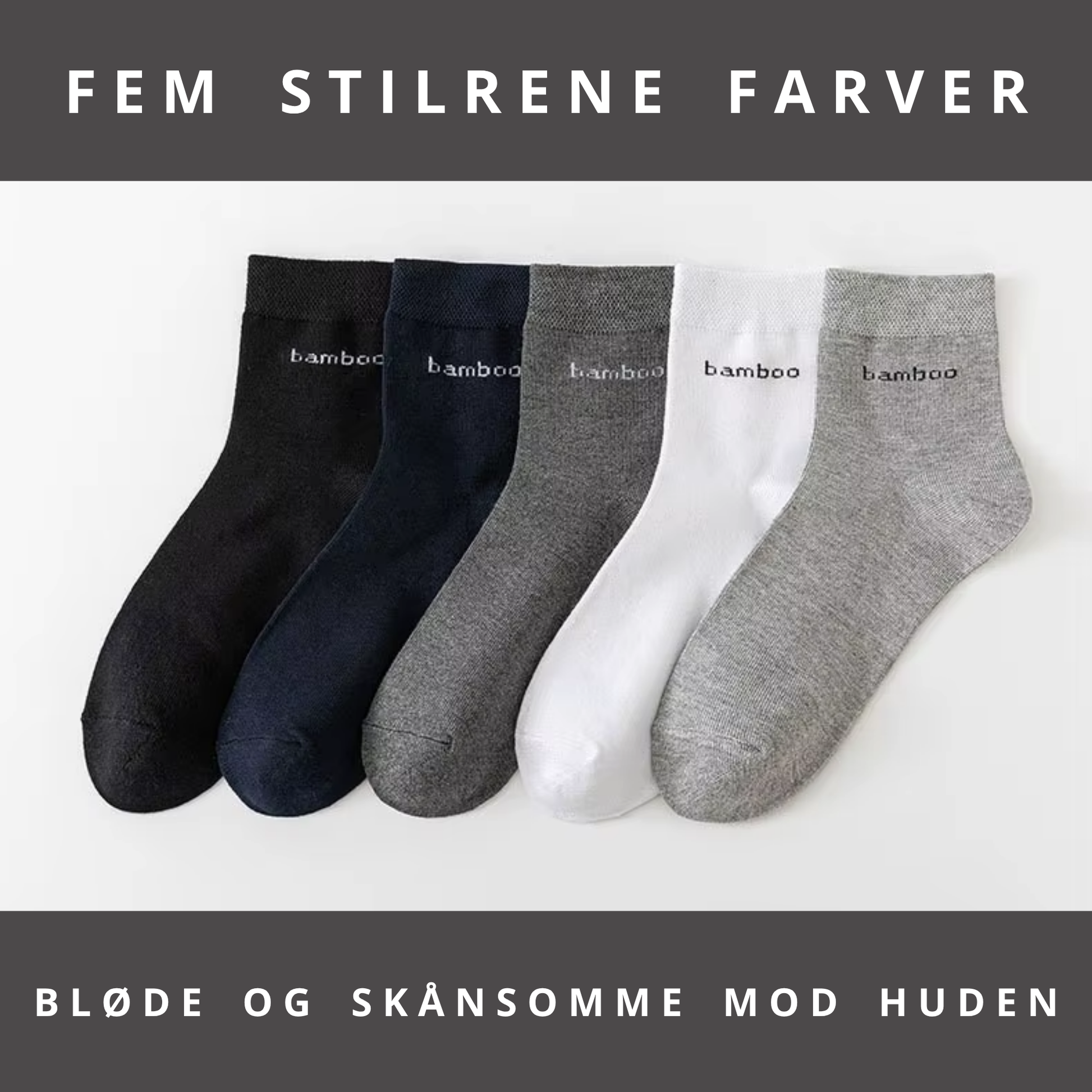 Fem par bambus strømper med bamboo-tekst i sort, navy, mørkegrå, hvid og lysegrå stillet op side om side – produktfoto med grafisk ramme – Bambus strømper | BIBAMBUS 'Lovely Bamboo Feet'