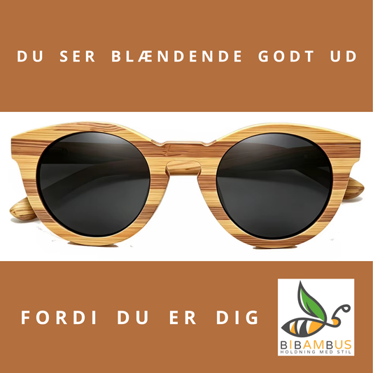Runde bambus solbriller med sort glas på hvid baggrund, lifestyle – Bambus Solbriller | BIBAMBUS 'My Summer Circle'