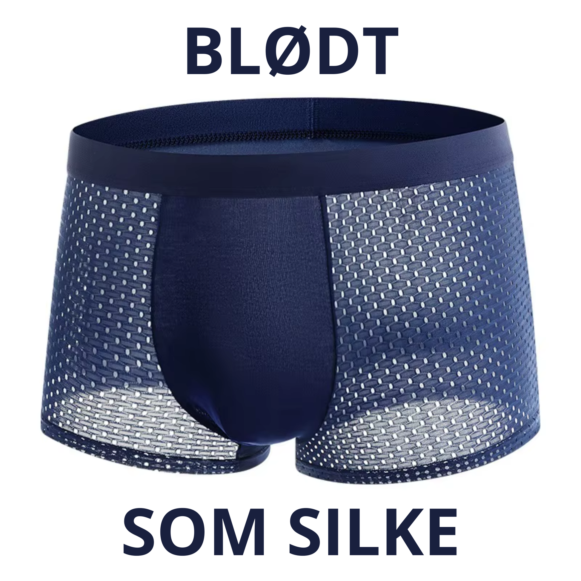Marineblå bambus boksershorts forfra med åbent mesh-mønster og teksten "BLØDT SOM SILKE" – blødt, åndbart og hudvenligt undertøj til mænd i bambusviskose – Bambus Underbukser | BIBAMBUS 'My Private Bamboos'