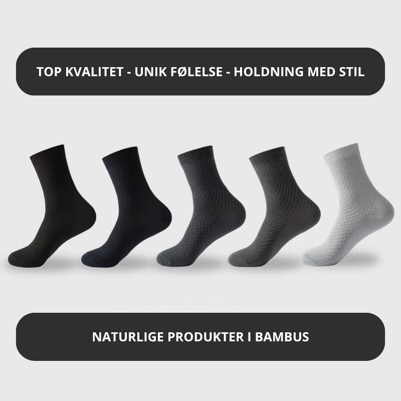 Fem bambusstrømper til mænd på række i farverne sort, marineblå, mørkegrå, grå og lysegrå – Bambusstrømper til mænd | BIBAMBUS 'The Bamboo Gentleman'