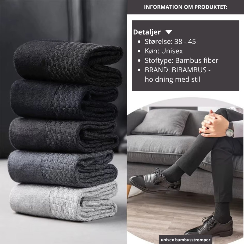 Foldede bambusstrømper i sort, mørkegrå, grå og lysegrå stablet til venstre, produktdetaljer og mand i sort habitdragt med sorte bambusstrømper til højre – Bambusstrømper til mænd str. 38-45 | BIBAMBUS 'The Bamboo Gentleman'