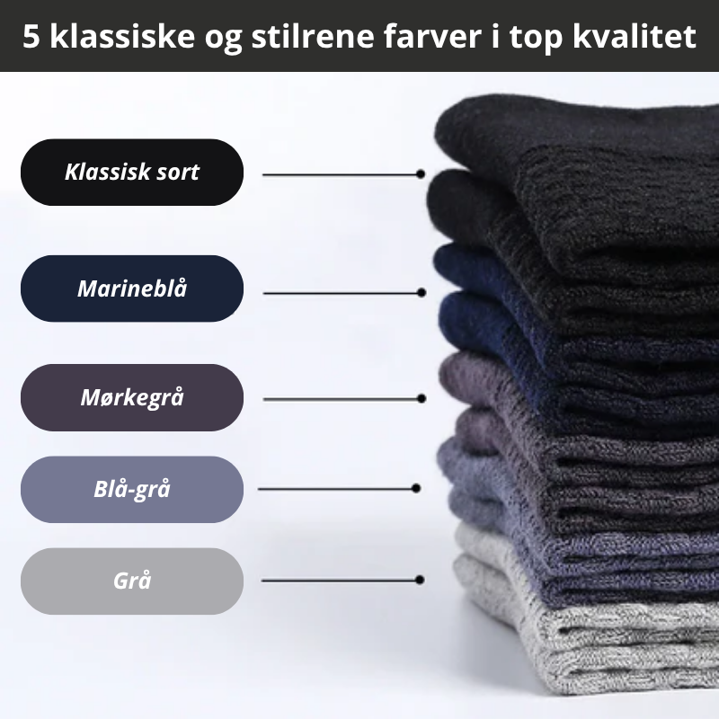 Farveguide med fem par foldede bambusstrømper stablet i sort, marineblå, mørkegrå, blå-grå og grå med teksten "5 klassiske og stilrene farver i top kvalitet" – herrestrømper i bambusviskose str. 38-45 – Bambusstrømper til mænd | BIBAMBUS 'The Bamboo Gentleman'